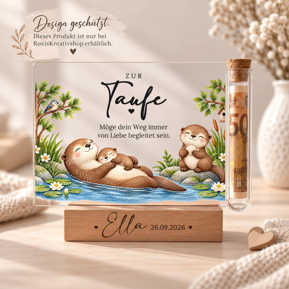Acryl-Aufsteller zur Taufe mit Otter-Mama und Baby, eigenes Design von RoxisKreativShop