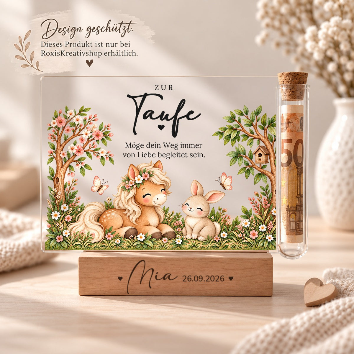 Acryl-Aufsteller zur Taufe im Pony-Design, eigenes Design von RoxisKreativShop