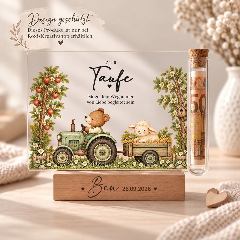 Acryl-Aufsteller zur Taufe im Traktor-Design, eigenes Design von RoxisKreativShop
