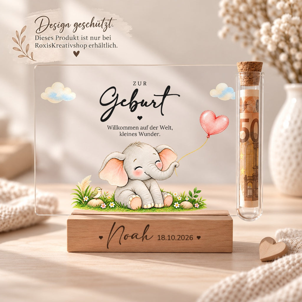 Acryl-Aufsteller zur Geburt im Elefanten-Design, Design nur bei RoxisKreativShop