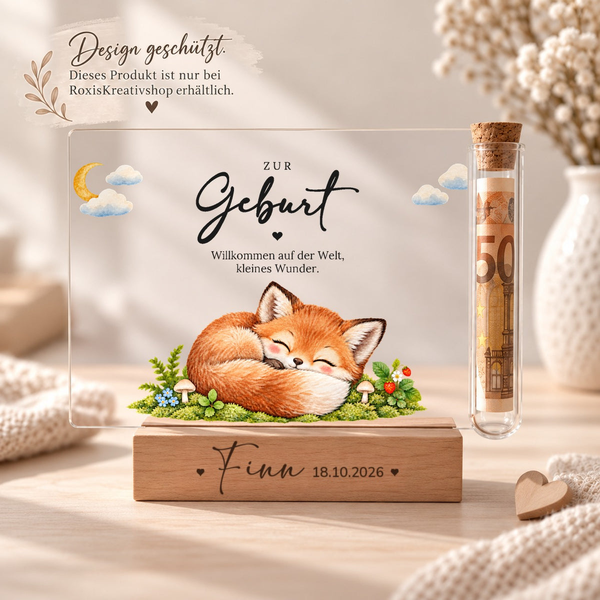 Acryl-Aufsteller zur Geburt im Fuchs-Design, Design nur bei RoxisKreativShop