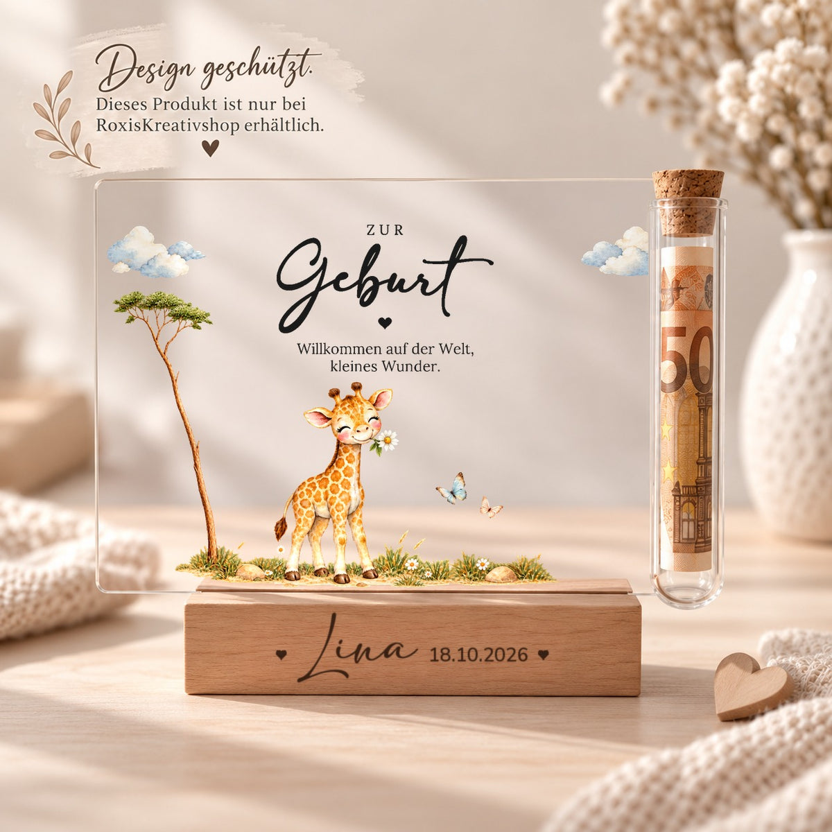 Acryl-Aufsteller zur Geburt im Giraffen-Design, Design nur bei RoxisKreativShop