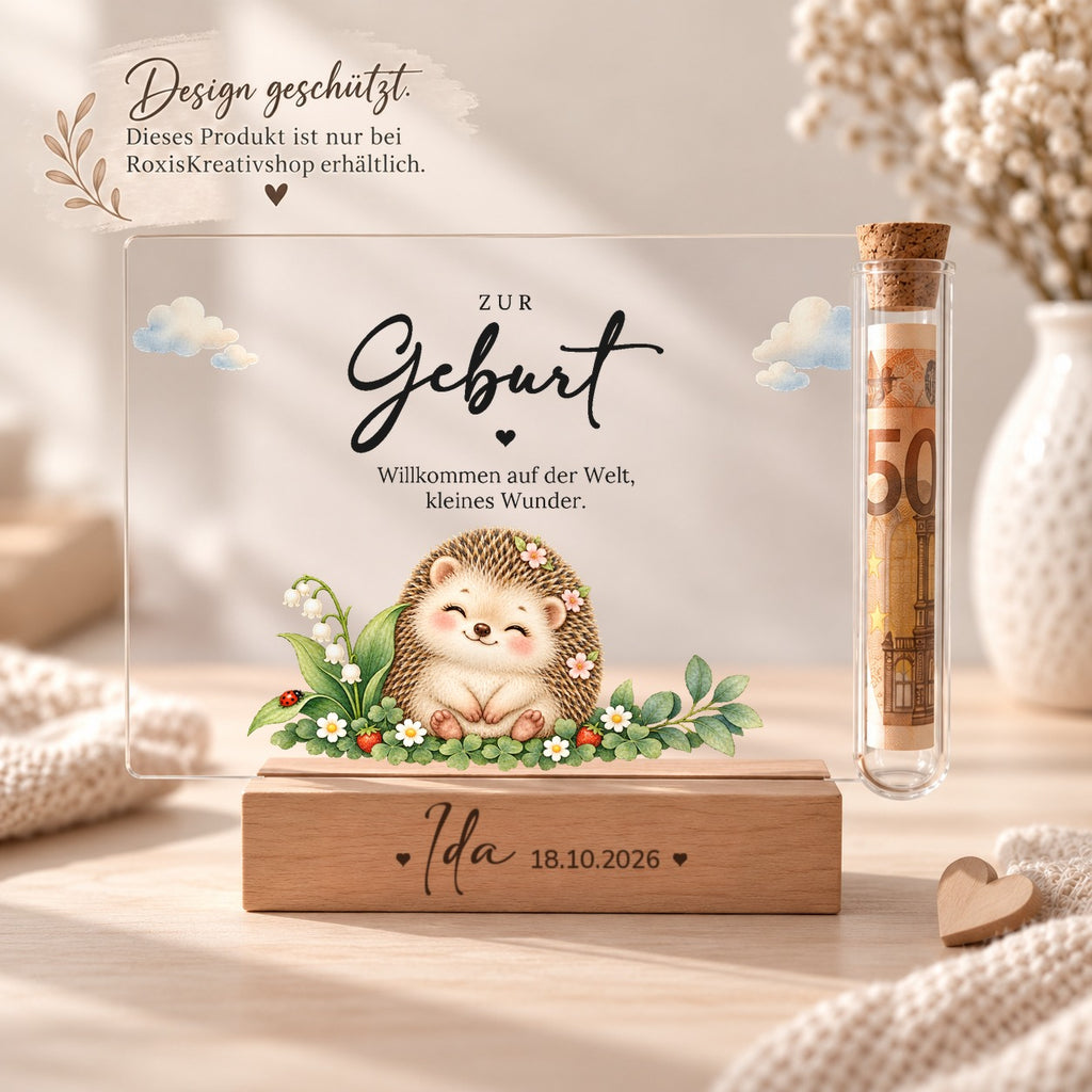 Acryl-Aufsteller zur Geburt im Igel-Design, Design nur bei RoxisKreativShop