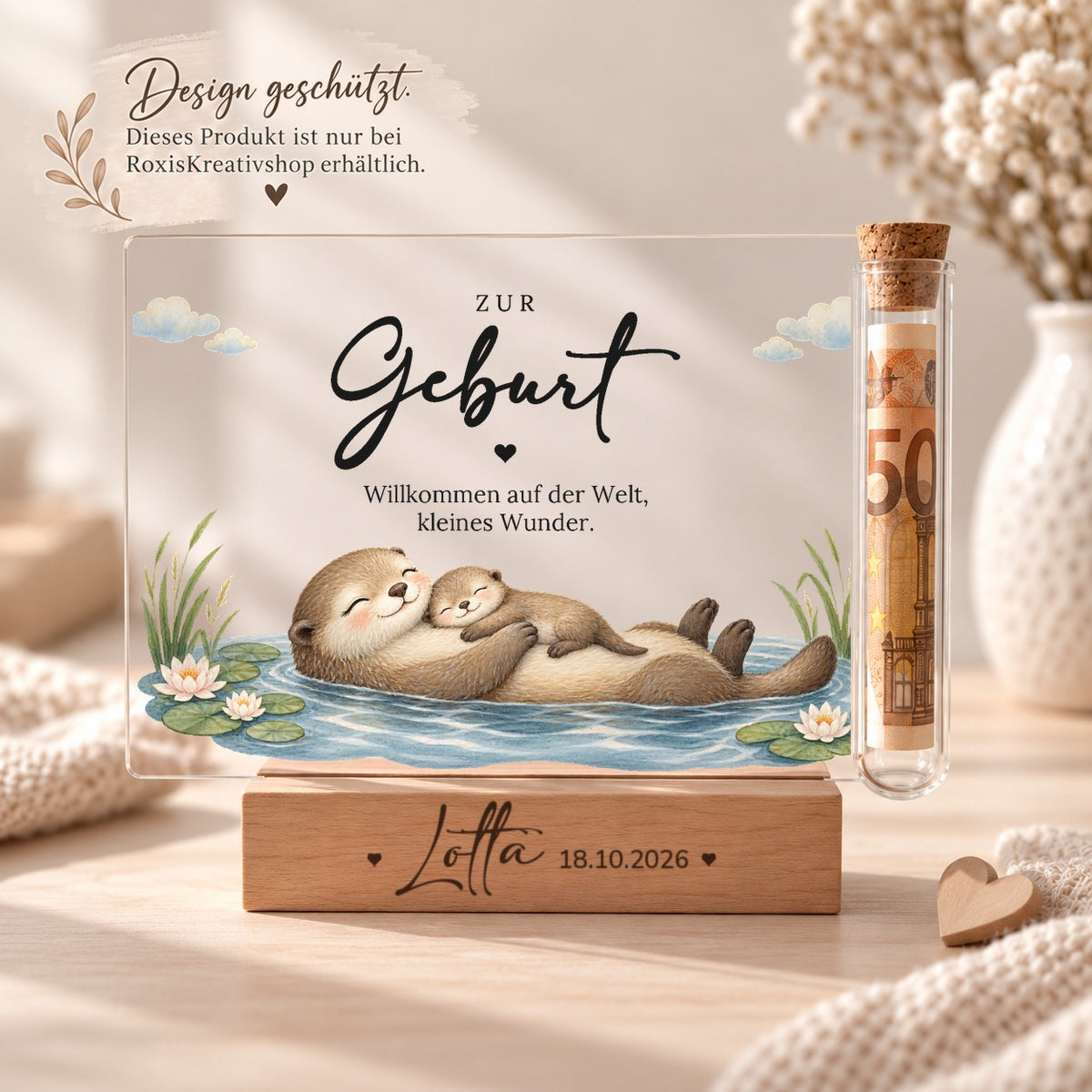 Acryl-Aufsteller zur Geburt im Otter-Design, Design nur bei RoxisKreativShop