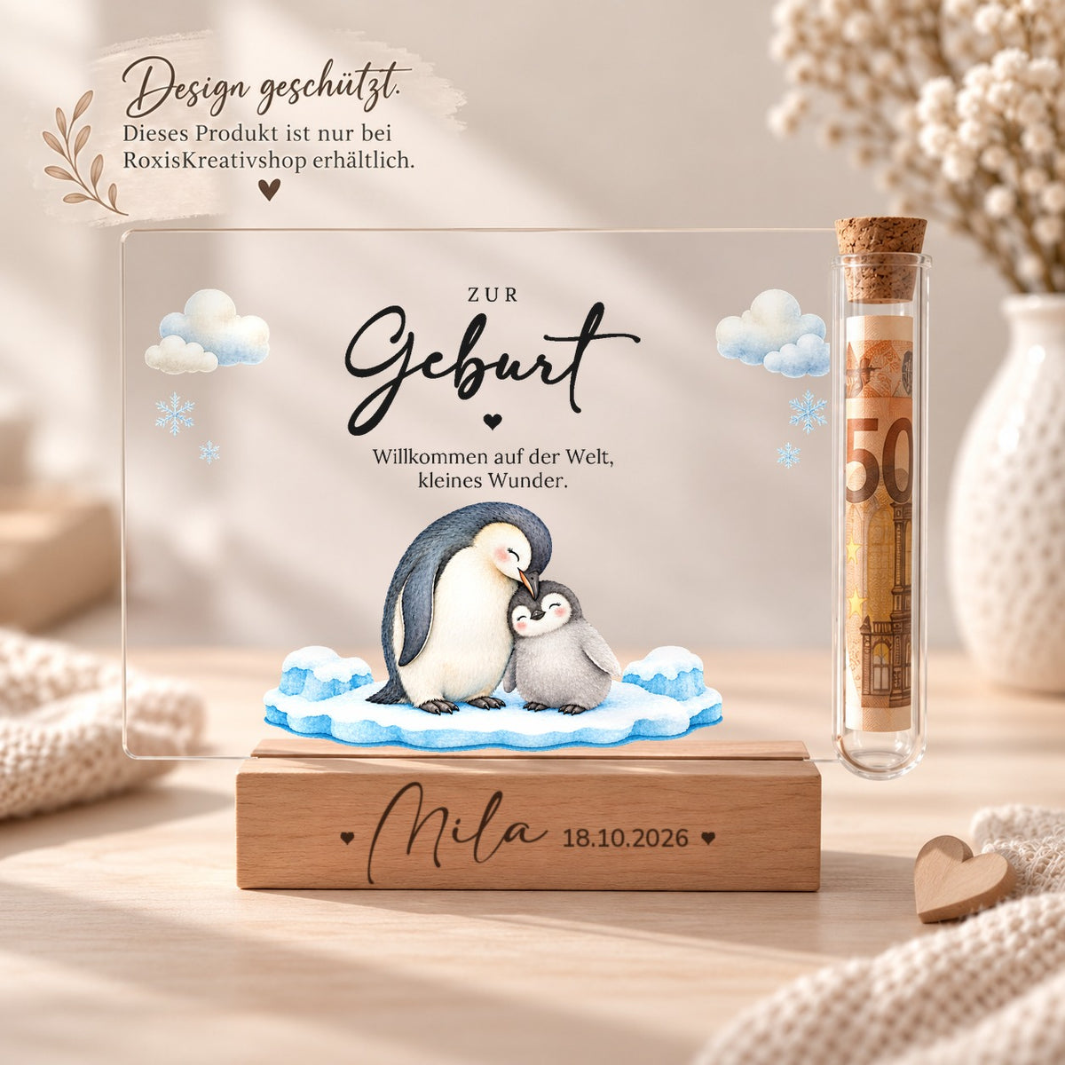 Acryl-Aufsteller zur Geburt im Pinguin-Design, Design nur bei RoxisKreativShop