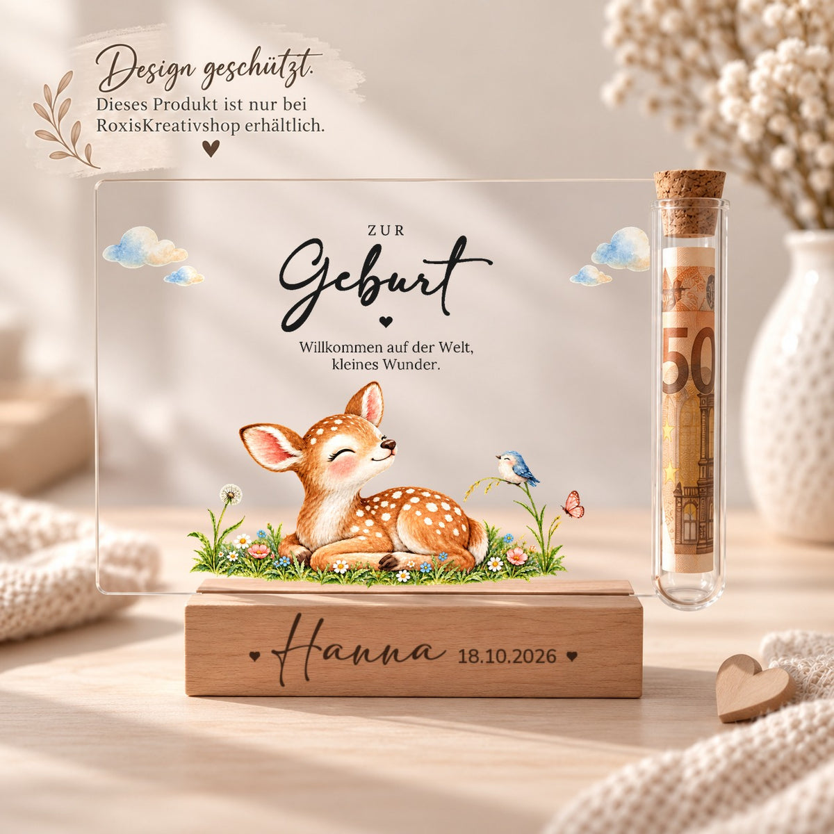 Acryl-Aufsteller zur Geburt im Rehkitz-Design, Design nur bei RoxisKreativShop