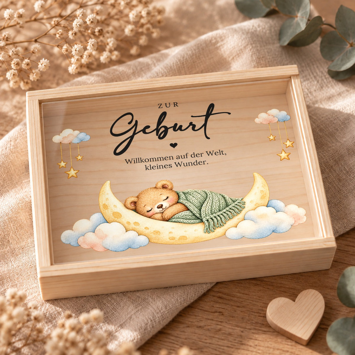Geschlossene Holzkiste zur Geburt mit bedrucktem Acryl-Schiebedeckel, Bärchen auf dem Mond