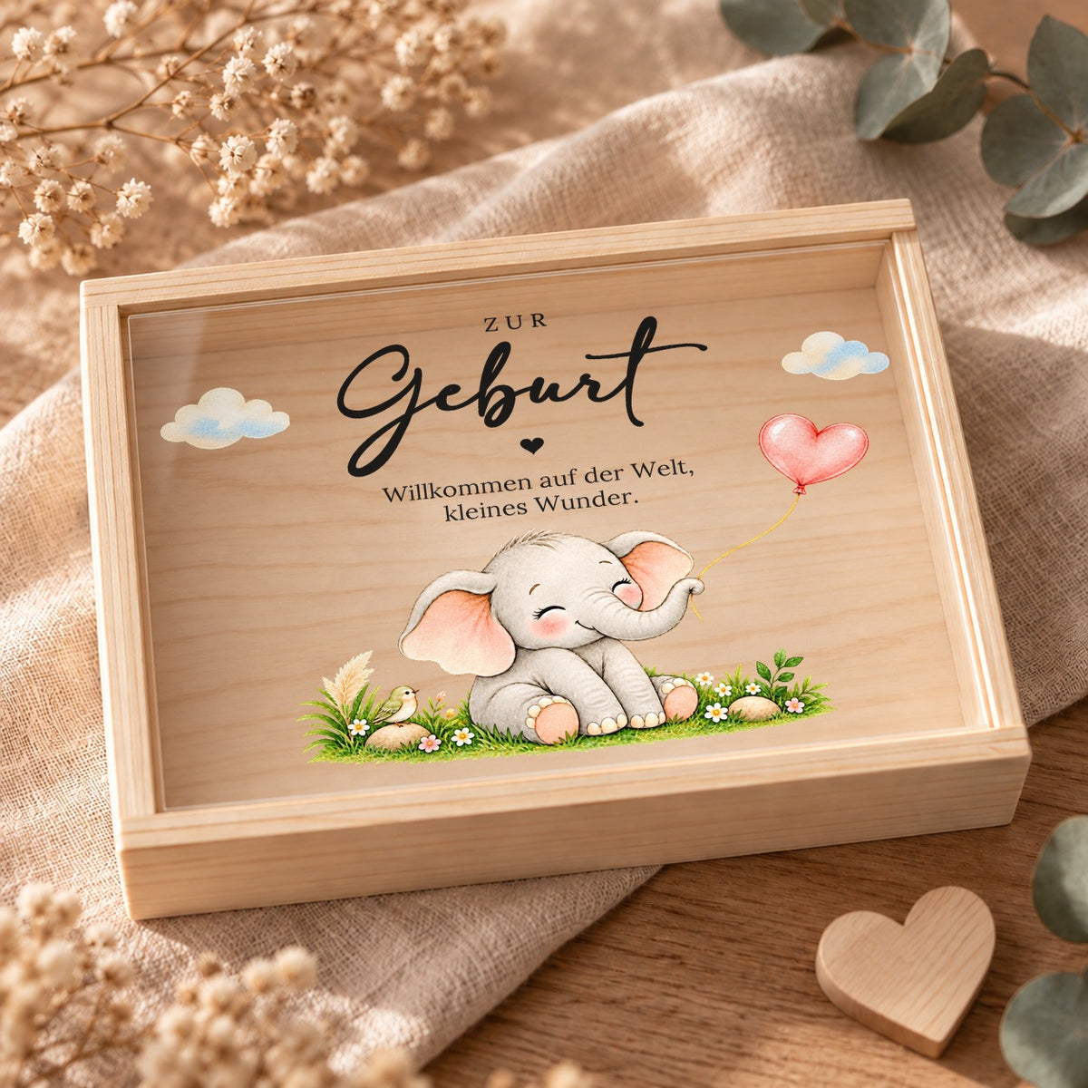Geschlossene Holzkiste zur Geburt mit bedrucktem Acryl-Schiebedeckel, Elefant