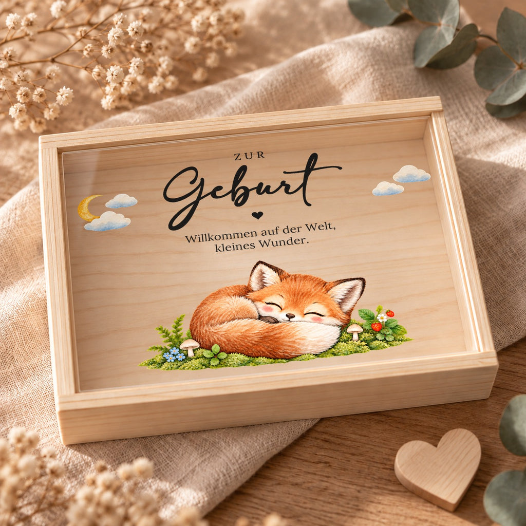 Geschlossene Holzkiste zur Geburt mit bedrucktem Acryl-Schiebedeckel, Fuchs