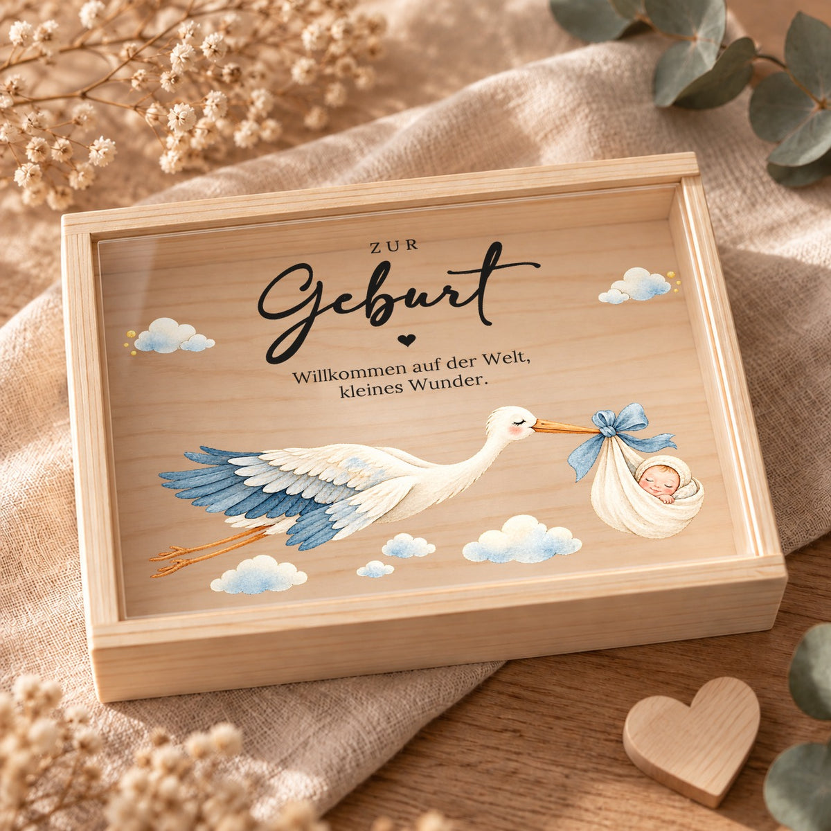 Geschlossene Holzkiste zur Geburt mit bedrucktem Acryl-Schiebedeckel, Storch