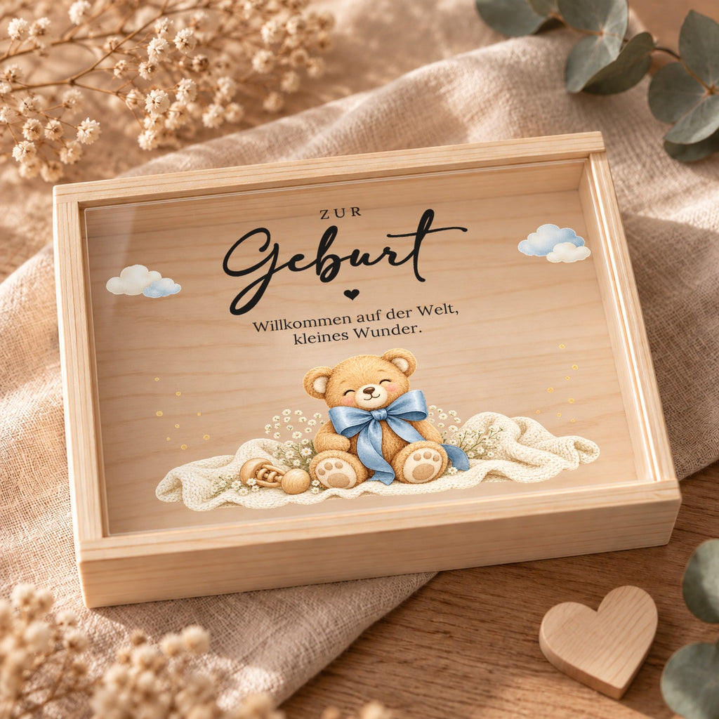 Geschlossene Holzkiste zur Geburt mit bedrucktem Acryl-Schiebedeckel, Teddy