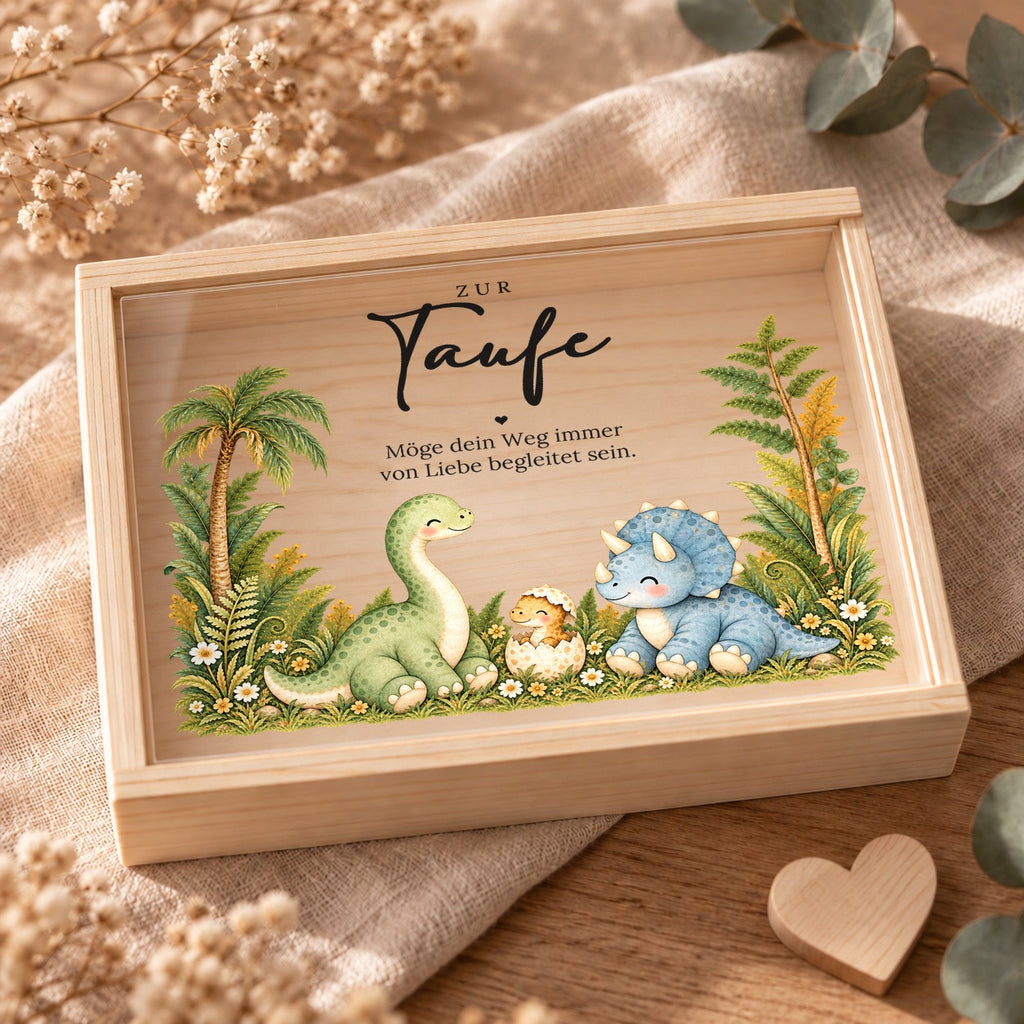 Geschlossene Holzkiste zur Taufe mit Acryldeckel im Dino-Design