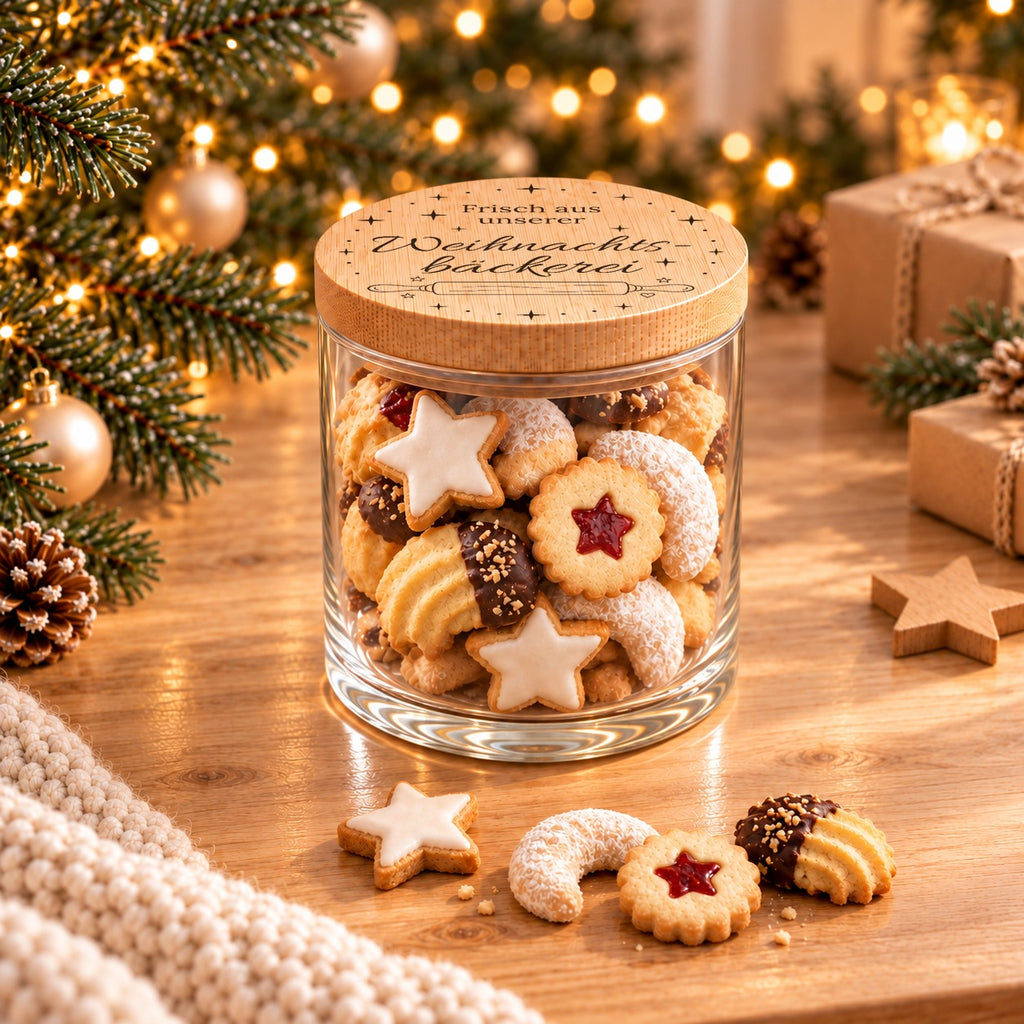 Geschlossene Keksdose „Frisch aus unserer Weihnachtsbäckerei“ mit Nudelholz, gefüllt mit Plätzchen, davor Zimtstern und Vanillekipferl