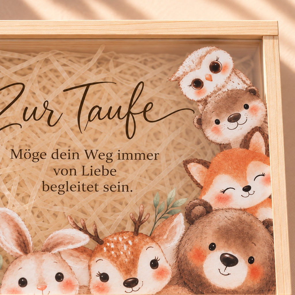 Taufspruch „Möge dein Weg immer von Liebe begleitet sein.“ mit Eule, Fuchs, Bär und Reh auf dem Deckel