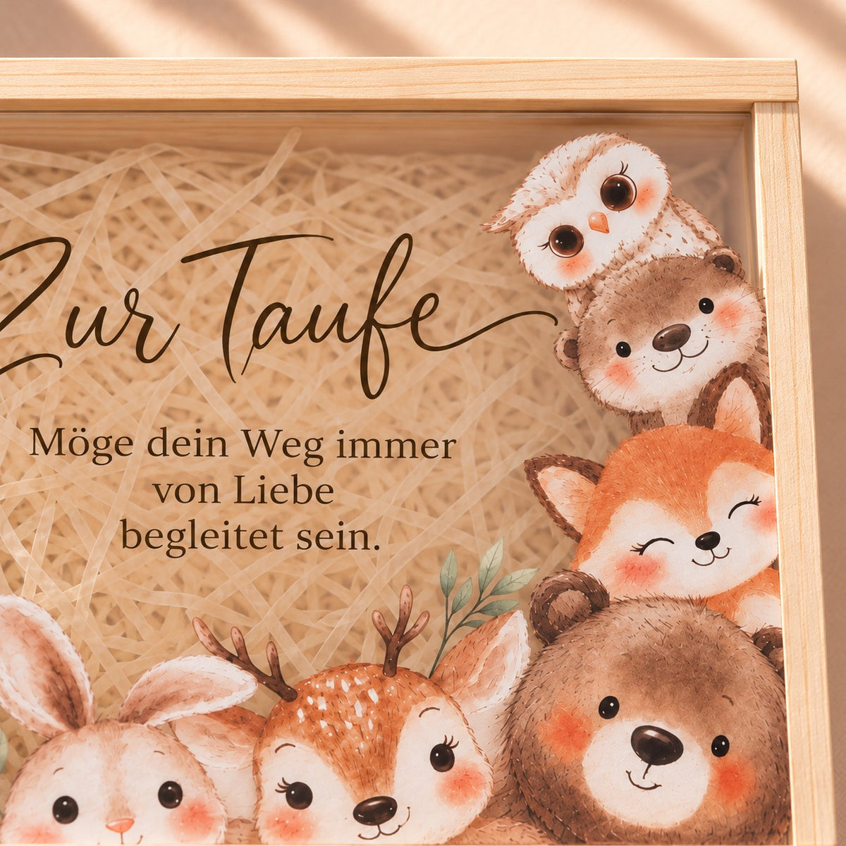 Taufspruch „Möge dein Weg immer von Liebe begleitet sein.“ mit Eule, Fuchs, Bär und Reh auf dem Deckel