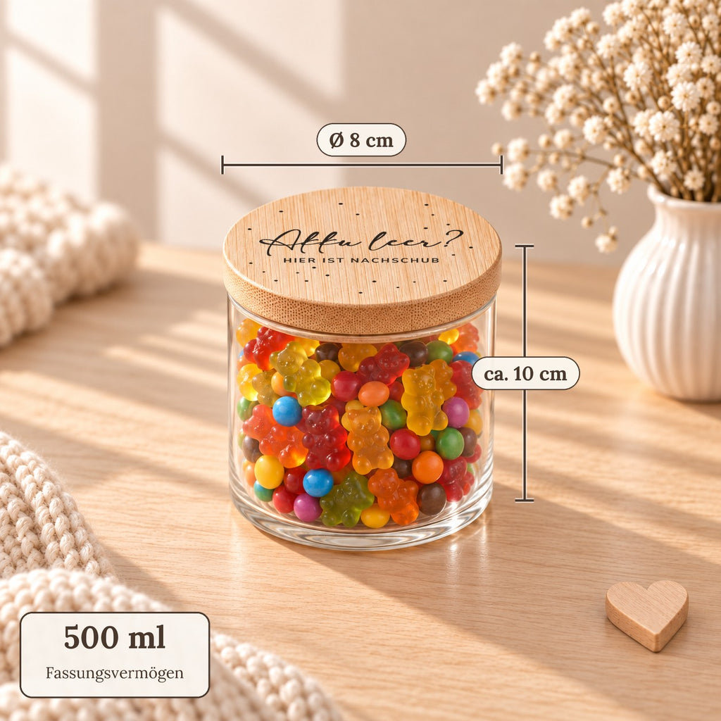 Maße des Vorratsglases „Akku leer? Hier ist Nachschub“: 500 ml, Deckel Ø 8 cm, ca. 10 cm hoch