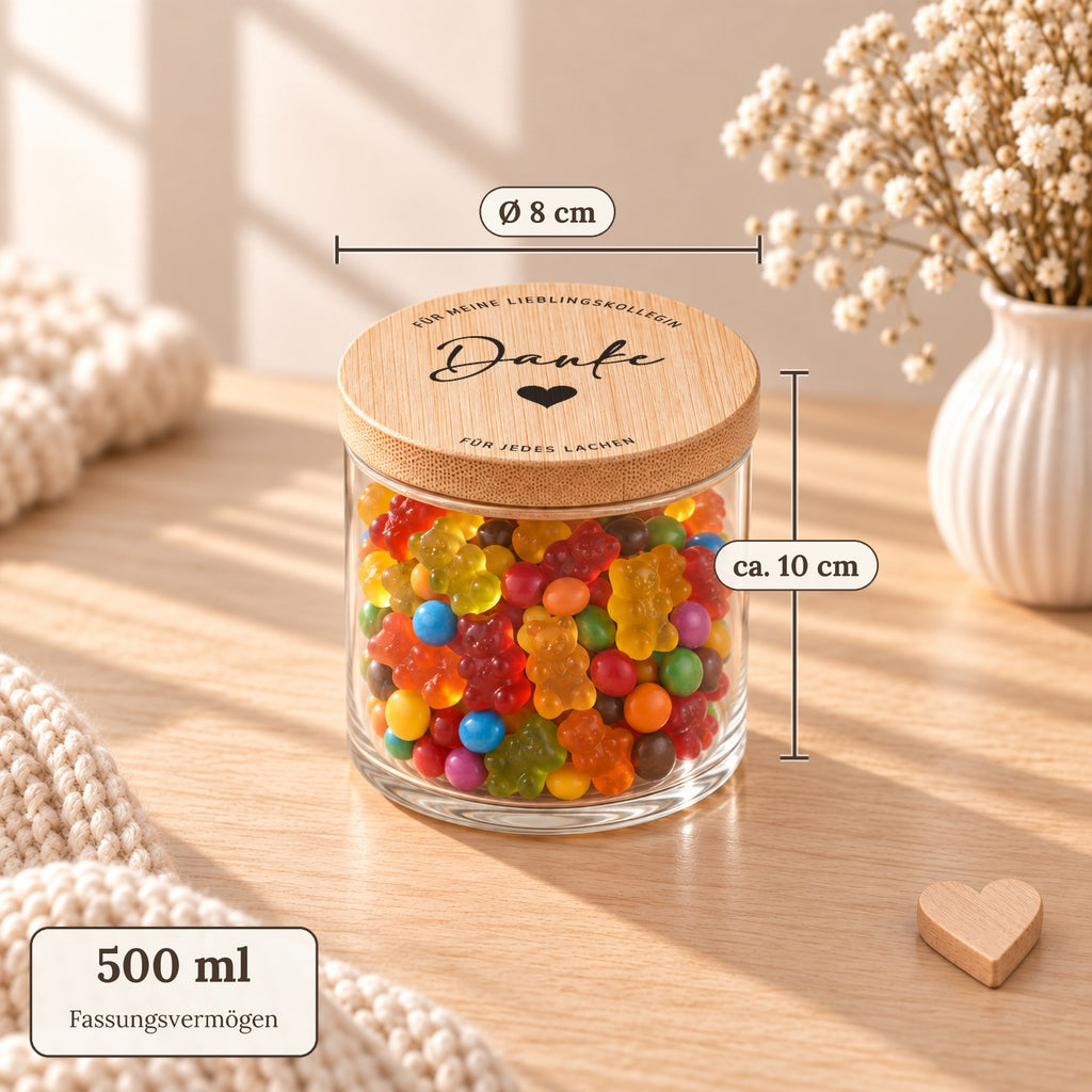 Maße des Vorratsglases „Danke – für meine Lieblingskollegin – für jedes Lachen“: 500 ml, Deckel Ø 8 cm, ca. 10 cm hoch