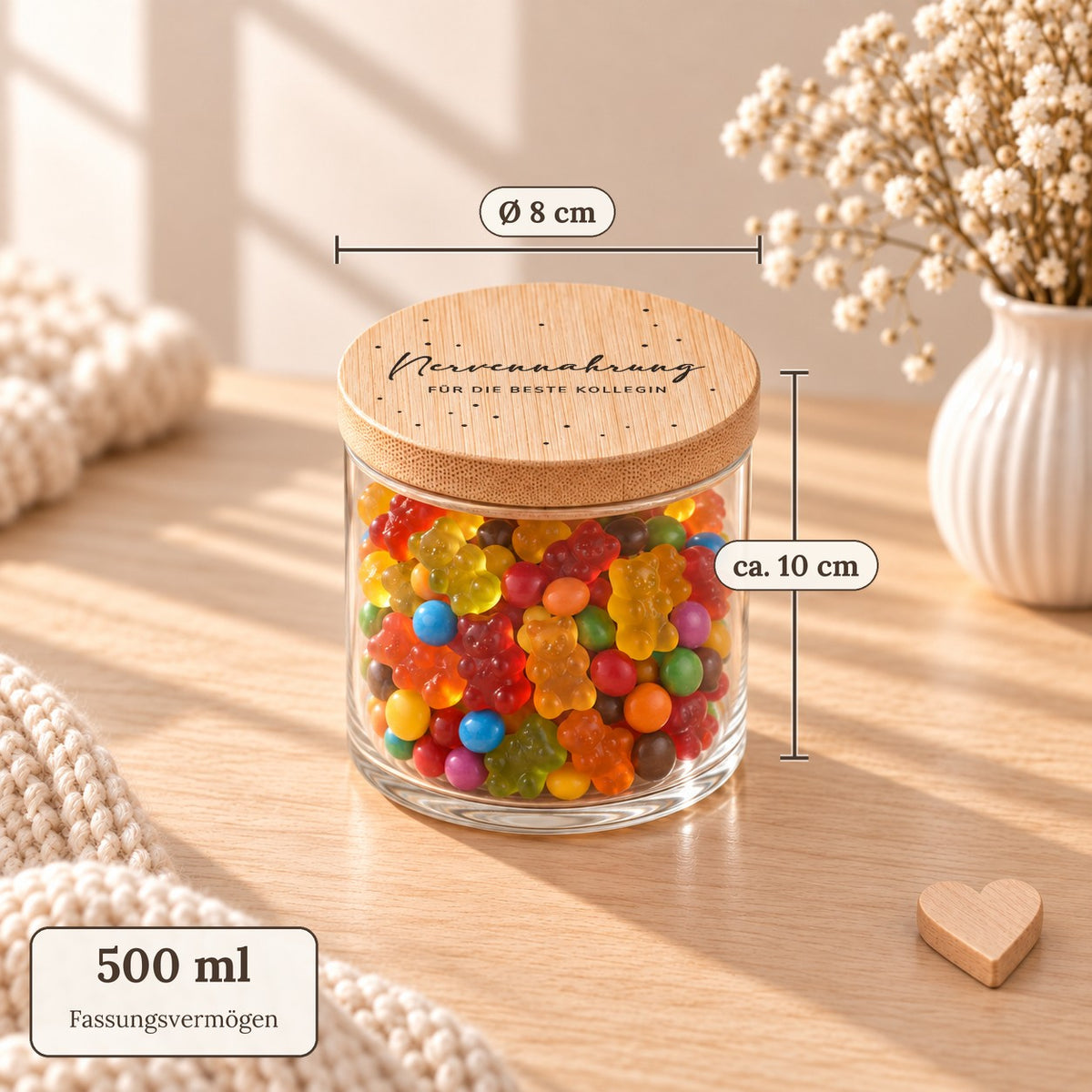 Maße des Vorratsglases „Nervennahrung für die beste Kollegin“: 500 ml, Deckel Ø 8 cm, ca. 10 cm hoch