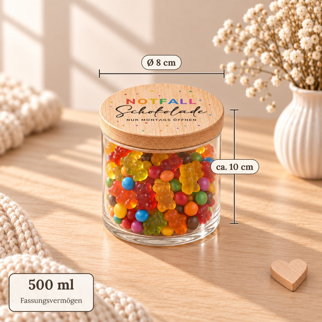 Maße des Vorratsglases „Notfall Schokolade – nur montags öffnen“: 500 ml, Deckel Ø 8 cm, ca. 10 cm hoch