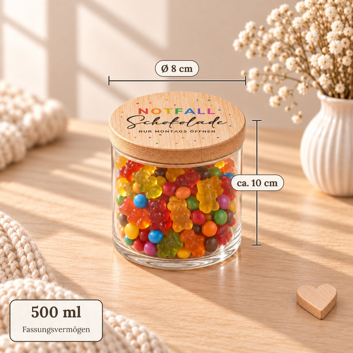 Maße des Vorratsglases „Notfall Schokolade – nur montags öffnen“: 500 ml, Deckel Ø 8 cm, ca. 10 cm hoch