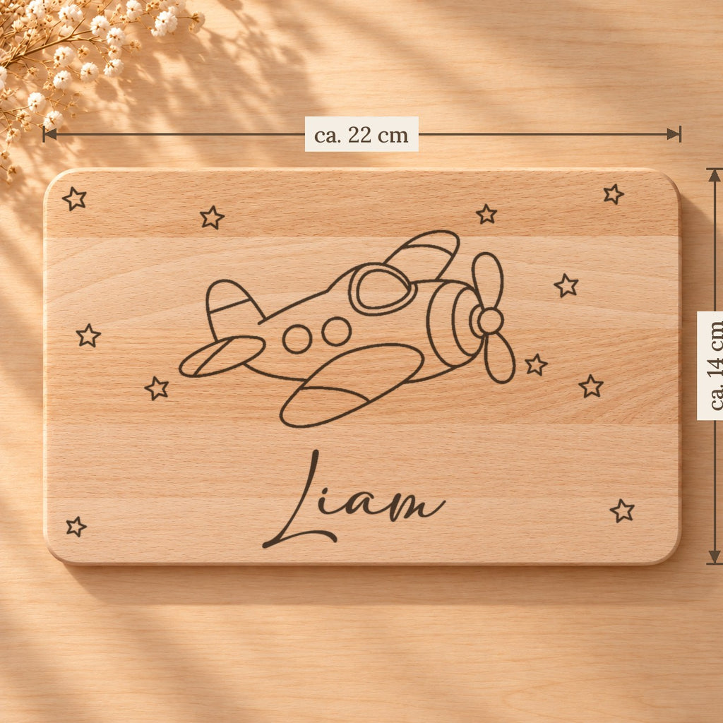Frühstücksbrettchen mit einem Flugzeug, Maße ca. 22 × 14 cm