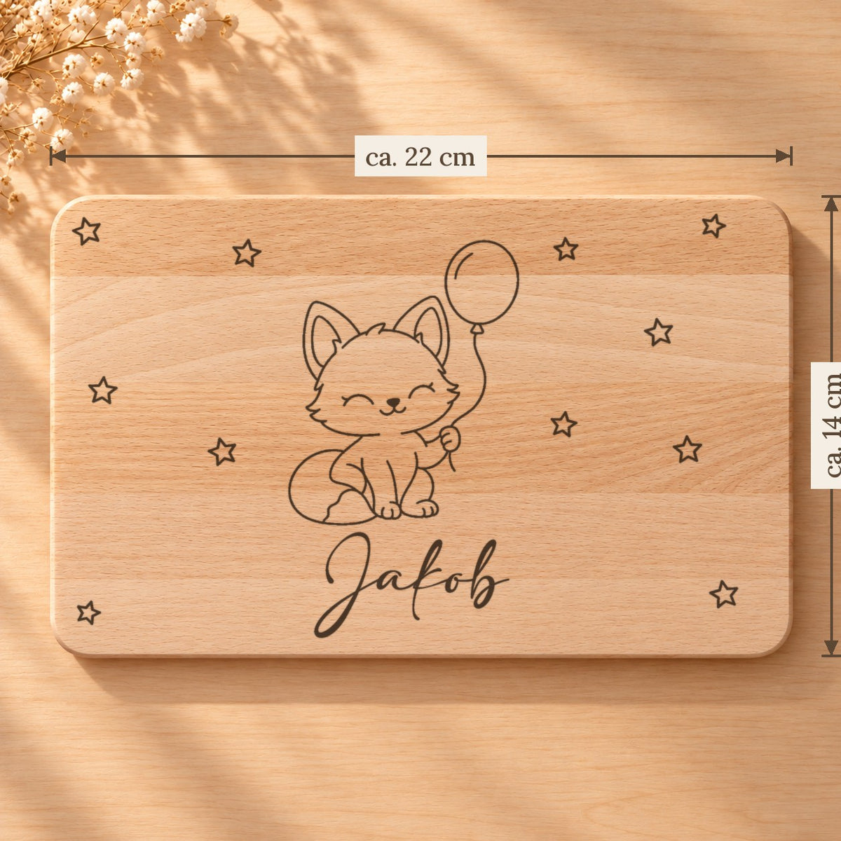 Frühstücksbrettchen mit einem Fuchs mit Luftballon, Maße ca. 22 × 14 cm