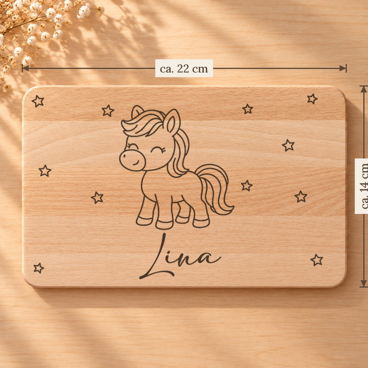 Frühstücksbrettchen mit einem Pony, Maße ca. 22 × 14 cm