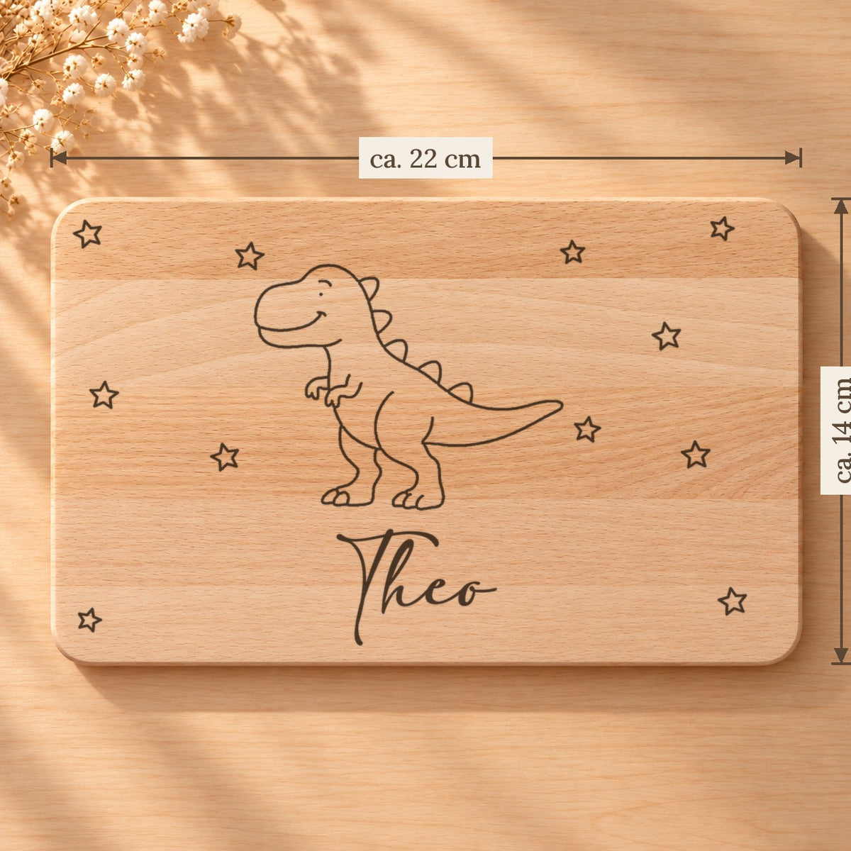 Frühstücksbrettchen mit einem T-Rex, Maße ca. 22 × 14 cm