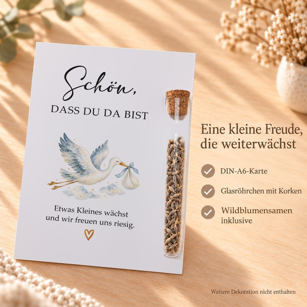Lieferumfang: DIN-A6-Karte, Röhrchen aus Kunststoff mit Korken und Wildblumensamen