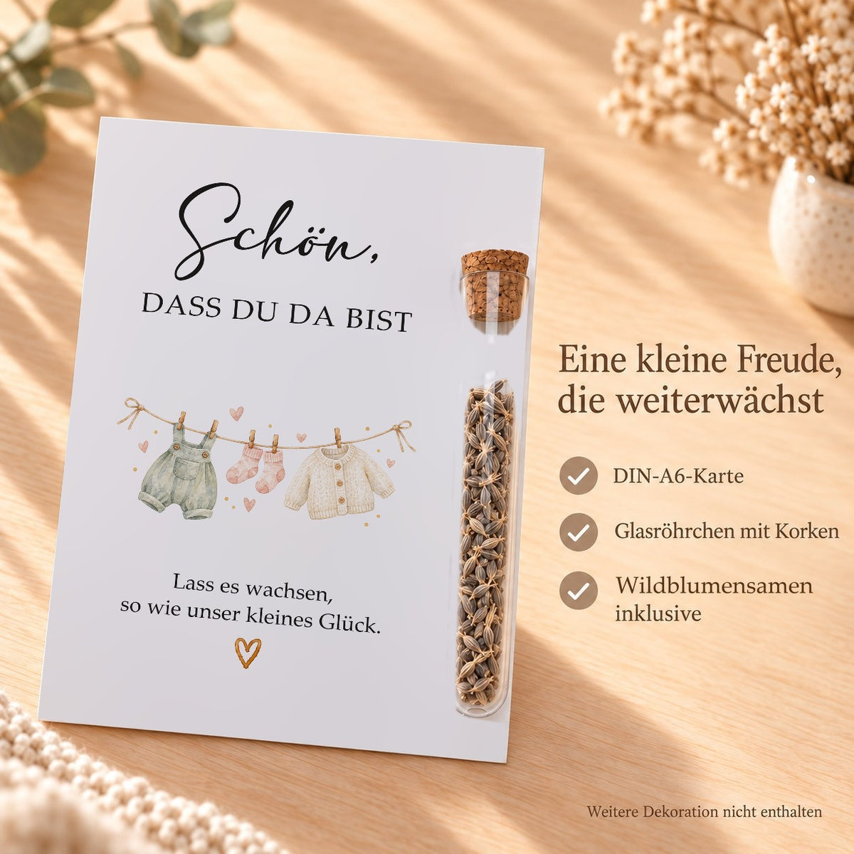 Lieferumfang: DIN-A6-Karte, Röhrchen aus Kunststoff mit Korken und Wildblumensamen