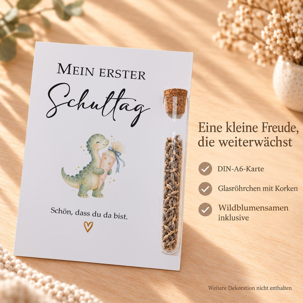 Lieferumfang: DIN-A6-Karte, Röhrchen aus Kunststoff mit Korken und Wildblumensamen