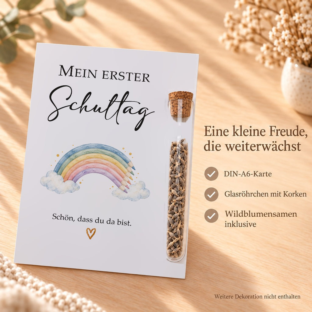 Lieferumfang: DIN-A6-Karte, Röhrchen aus Kunststoff mit Korken und Wildblumensamen