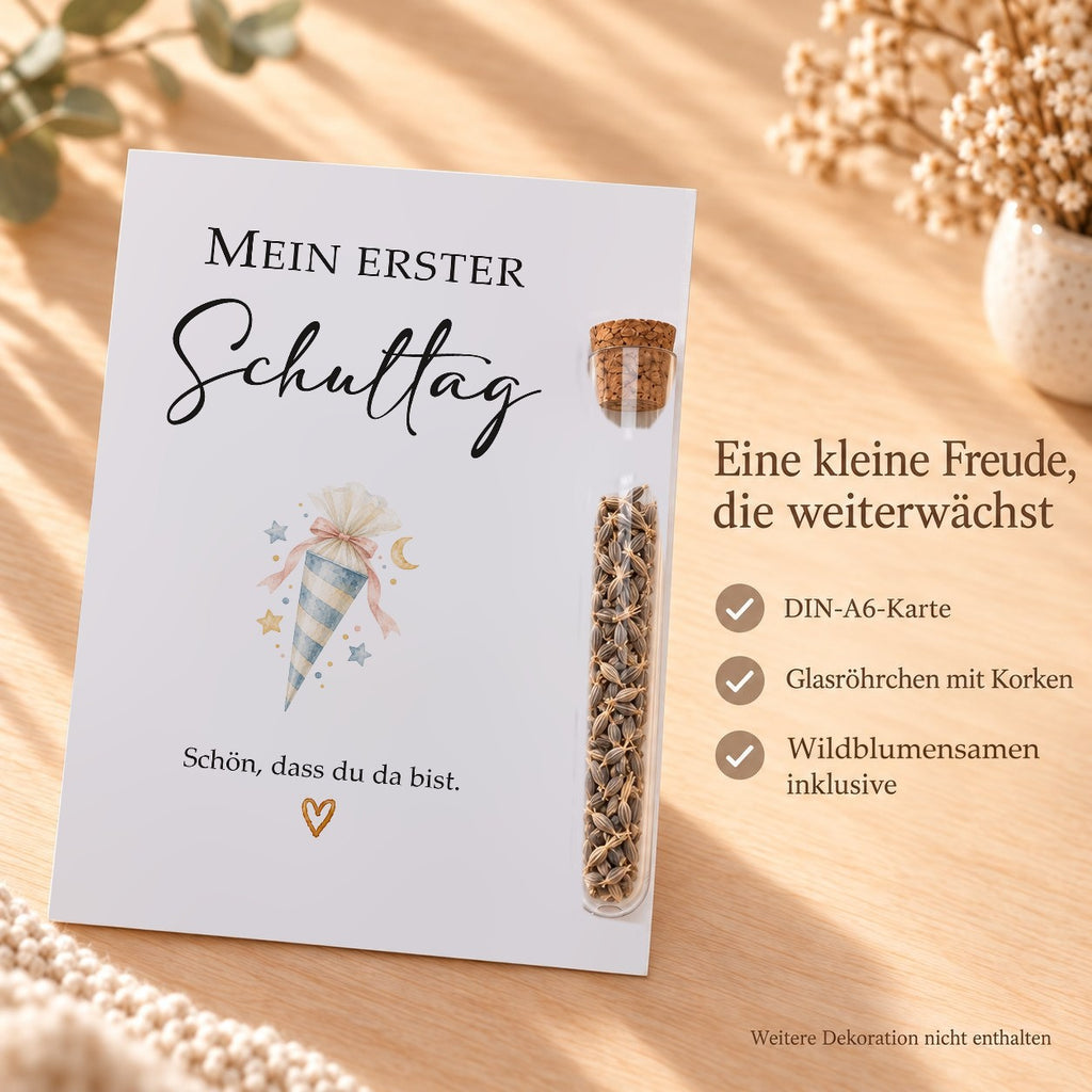 Lieferumfang: DIN-A6-Karte, Röhrchen aus Kunststoff mit Korken und Wildblumensamen