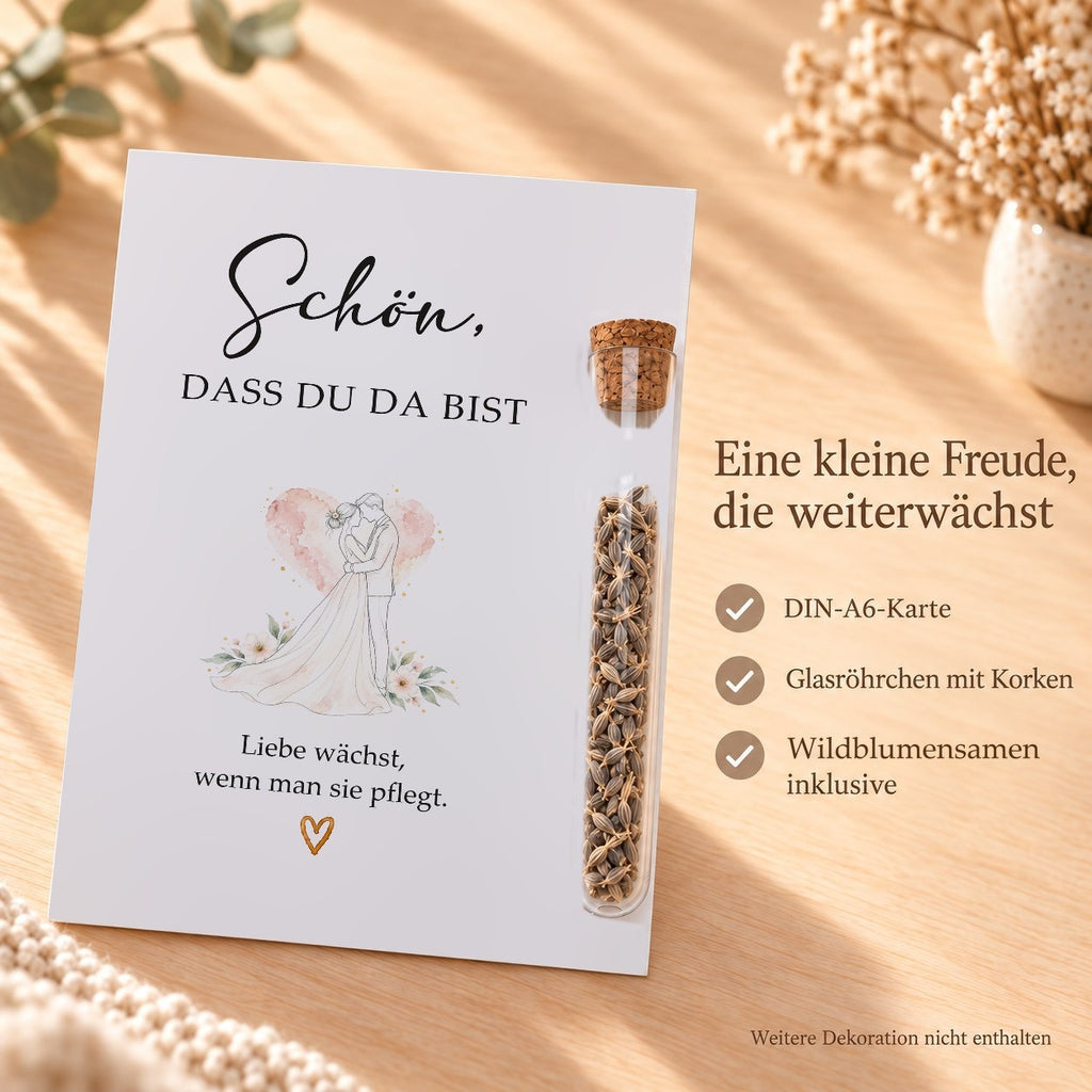 Lieferumfang: DIN-A6-Karte, Röhrchen aus Kunststoff mit Korken und Wildblumensamen