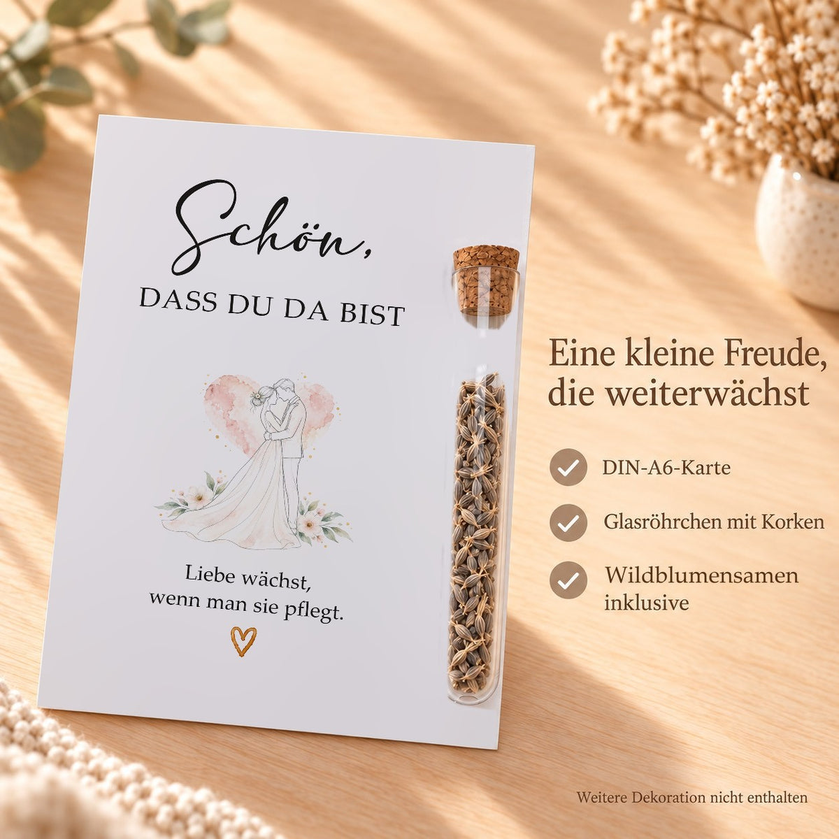 Lieferumfang: DIN-A6-Karte, Röhrchen aus Kunststoff mit Korken und Wildblumensamen