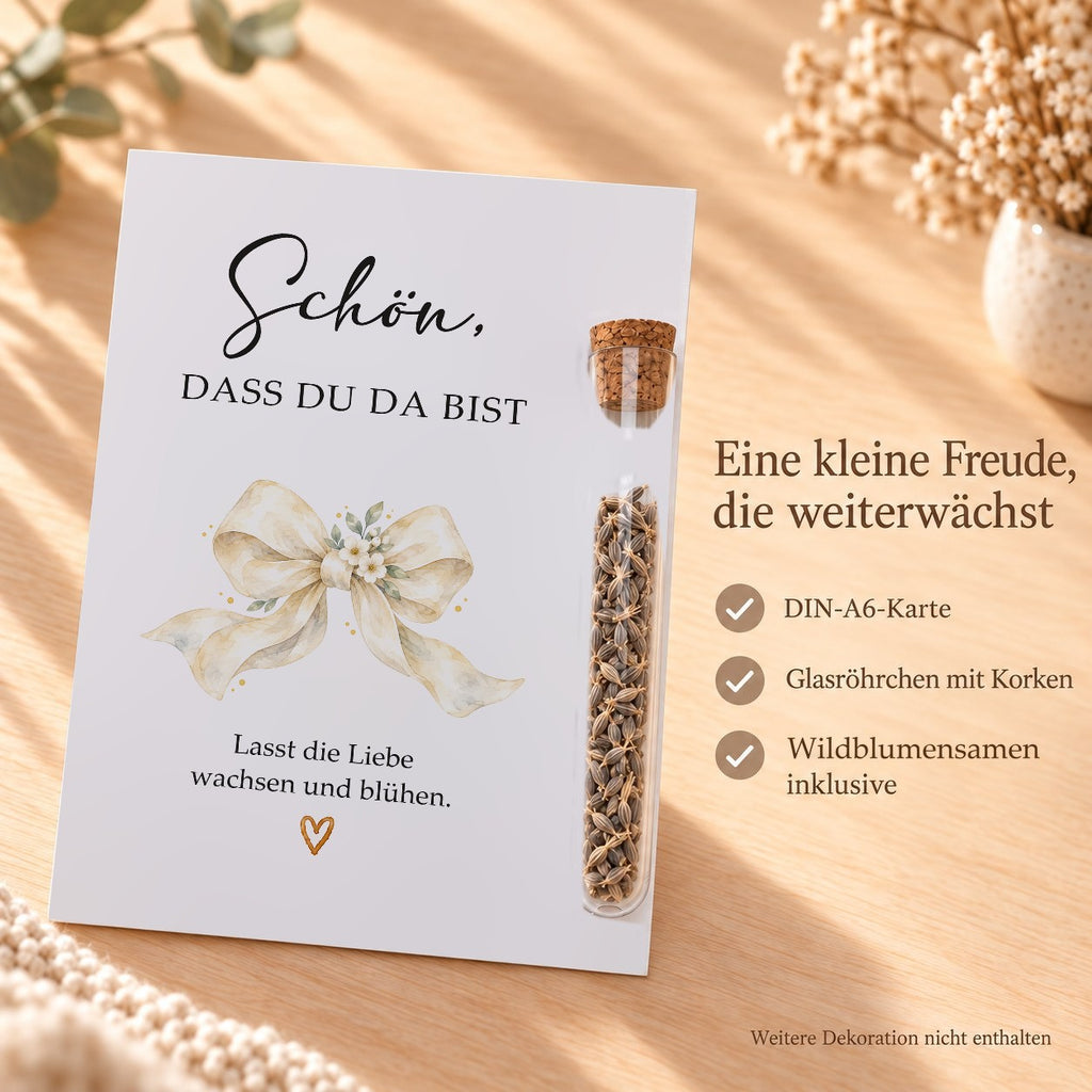 Lieferumfang: DIN-A6-Karte, Röhrchen aus Kunststoff mit Korken und Wildblumensamen