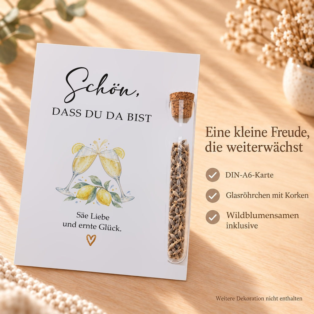 Lieferumfang: DIN-A6-Karte, Röhrchen aus Kunststoff mit Korken und Wildblumensamen