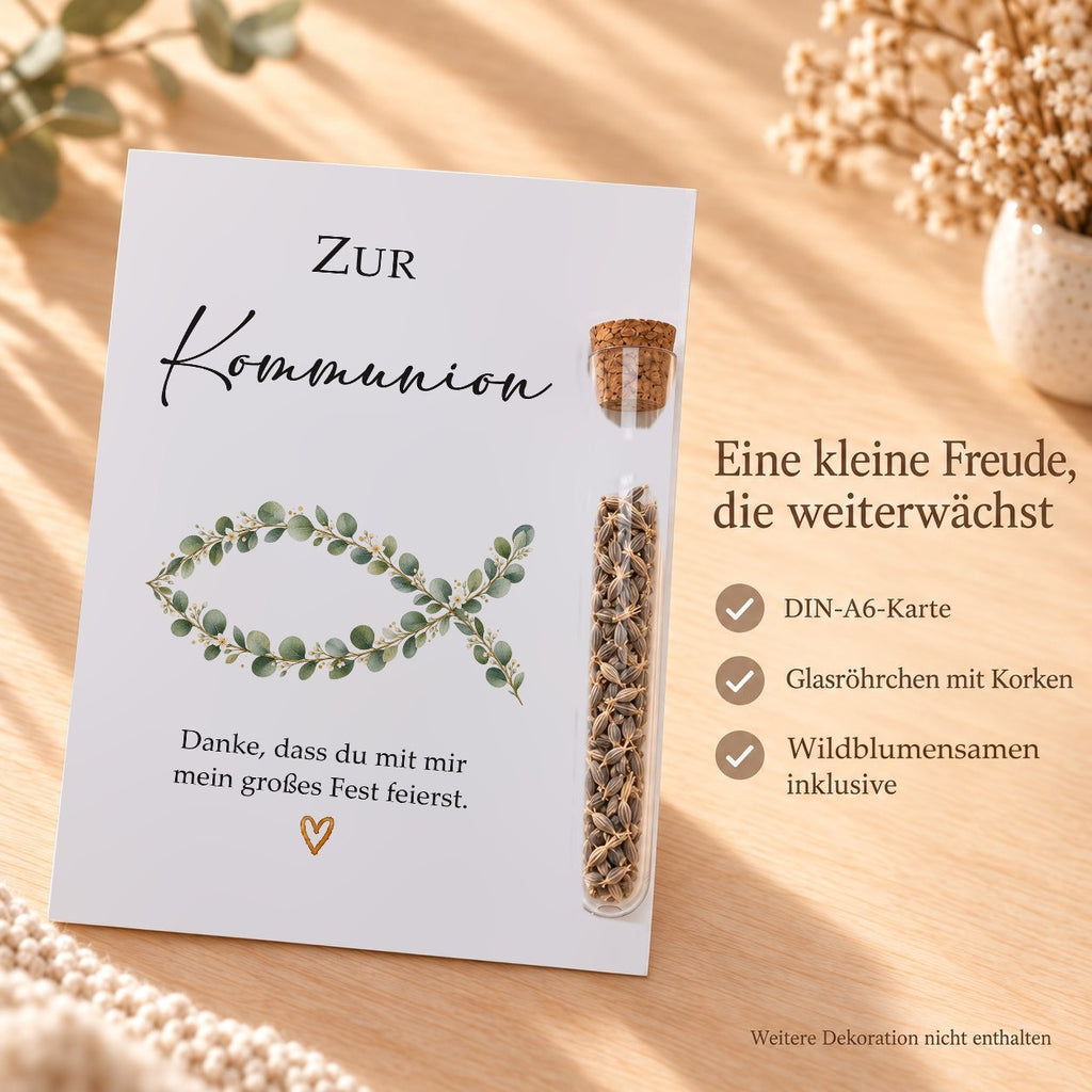 Lieferumfang: DIN-A6-Karte, Röhrchen aus Kunststoff mit Korken und Wildblumensamen