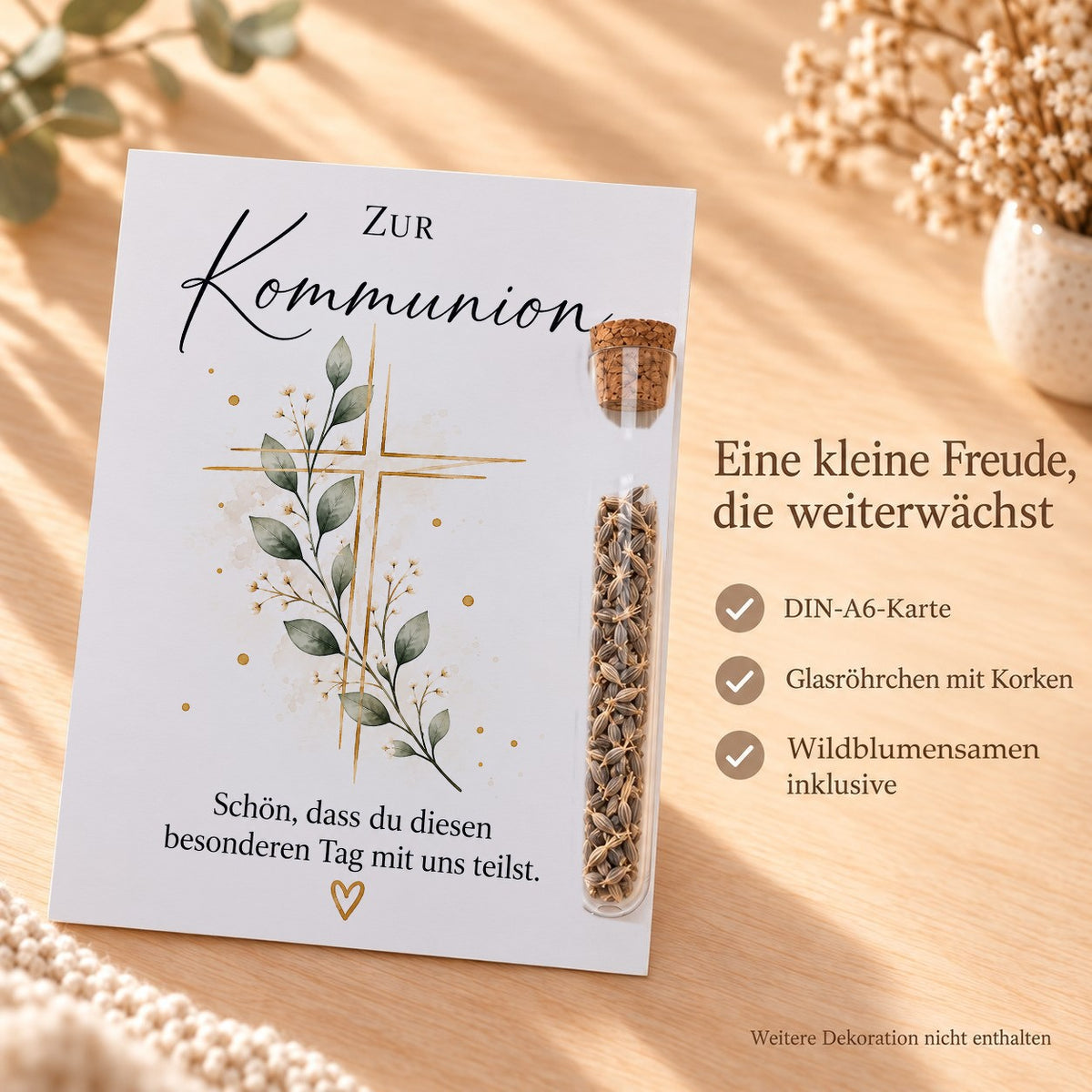 Lieferumfang: DIN-A6-Karte, Röhrchen aus Kunststoff mit Korken und Wildblumensamen