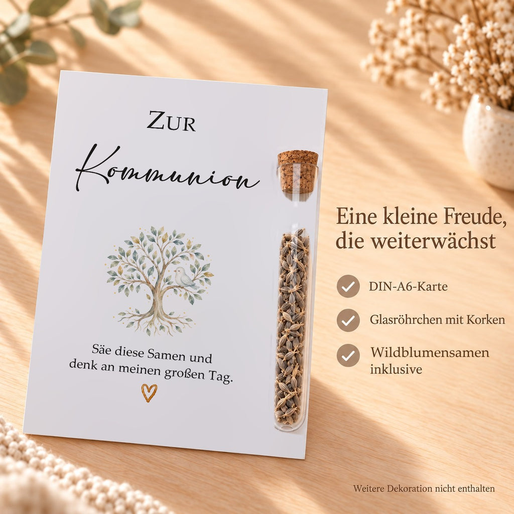 Lieferumfang: DIN-A6-Karte, Röhrchen aus Kunststoff mit Korken und Wildblumensamen