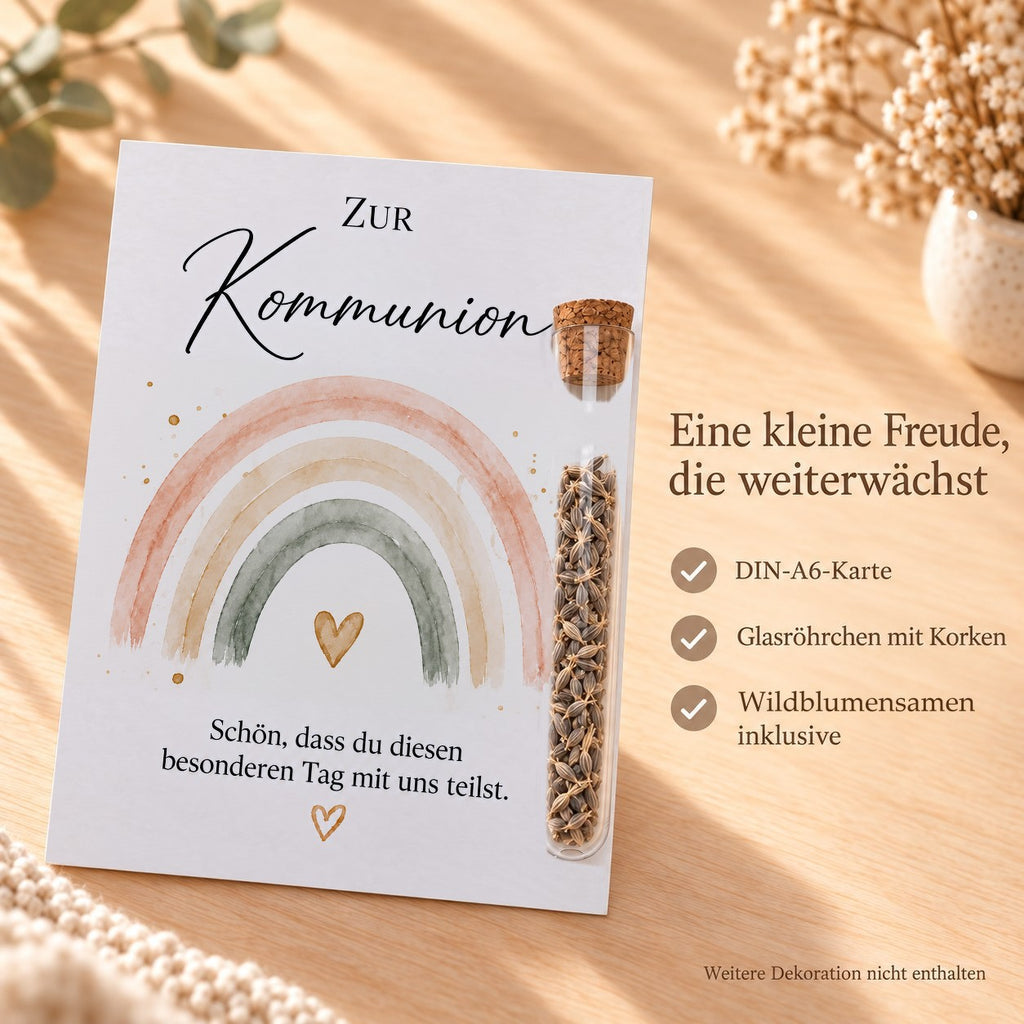 Lieferumfang: DIN-A6-Karte, Röhrchen aus Kunststoff mit Korken und Wildblumensamen