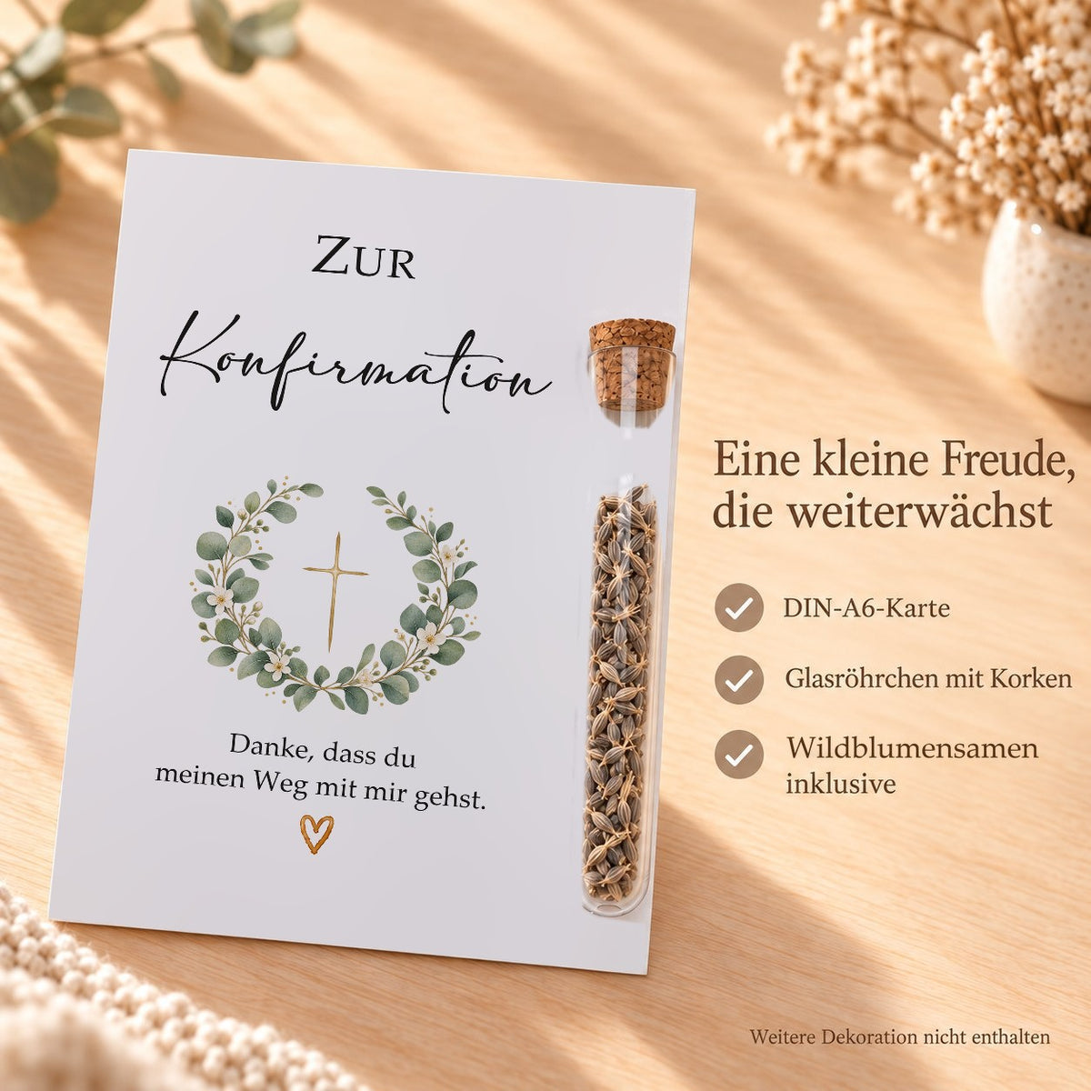 Lieferumfang: DIN-A6-Karte, Röhrchen aus Kunststoff mit Korken und Wildblumensamen