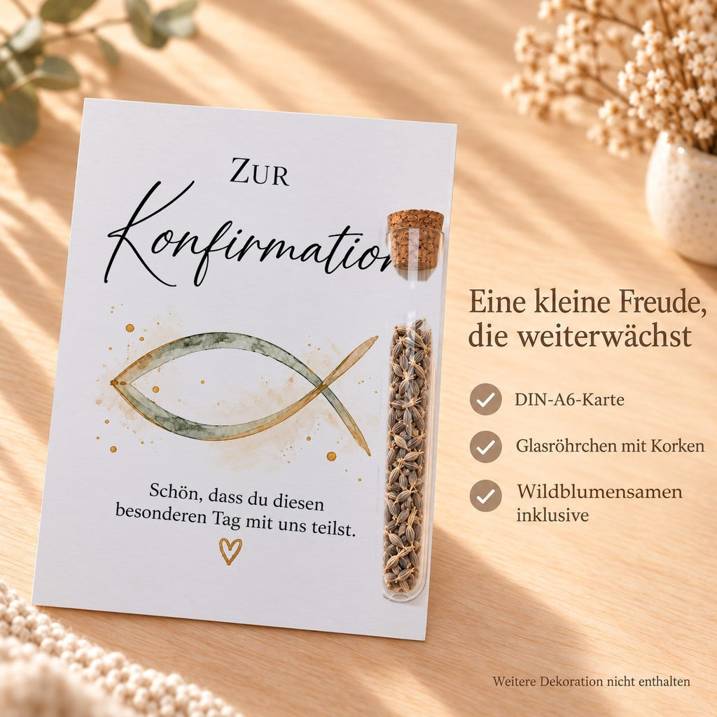 Lieferumfang: DIN-A6-Karte, Röhrchen aus Kunststoff mit Korken und Wildblumensamen