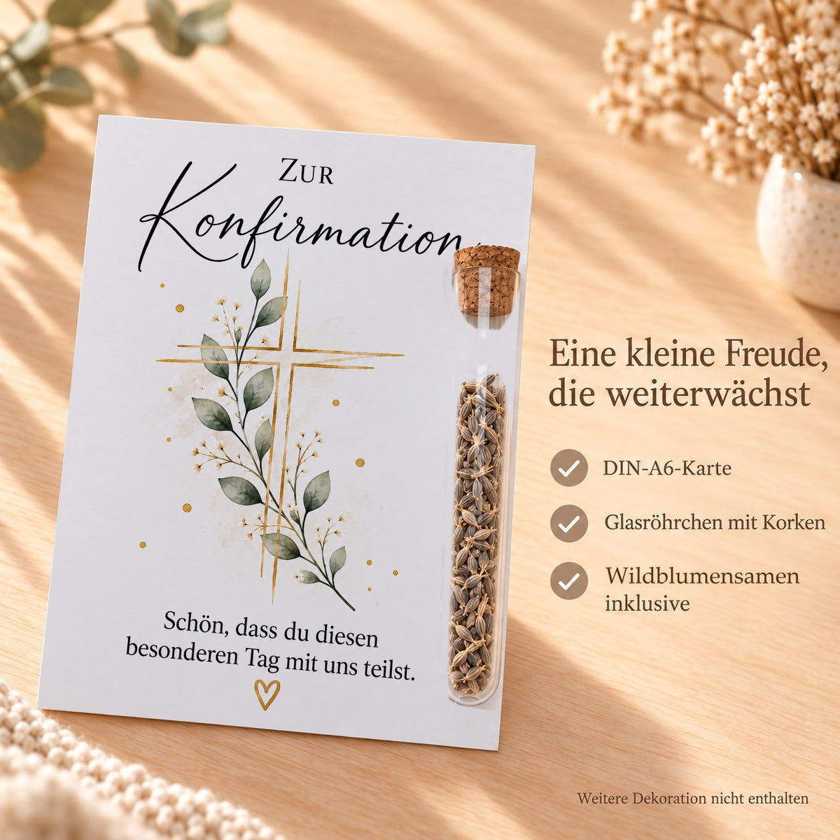 Lieferumfang: DIN-A6-Karte, Röhrchen aus Kunststoff mit Korken und Wildblumensamen