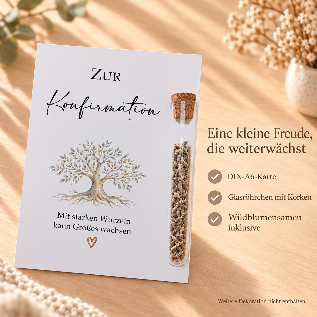 Lieferumfang: DIN-A6-Karte, Röhrchen aus Kunststoff mit Korken und Wildblumensamen