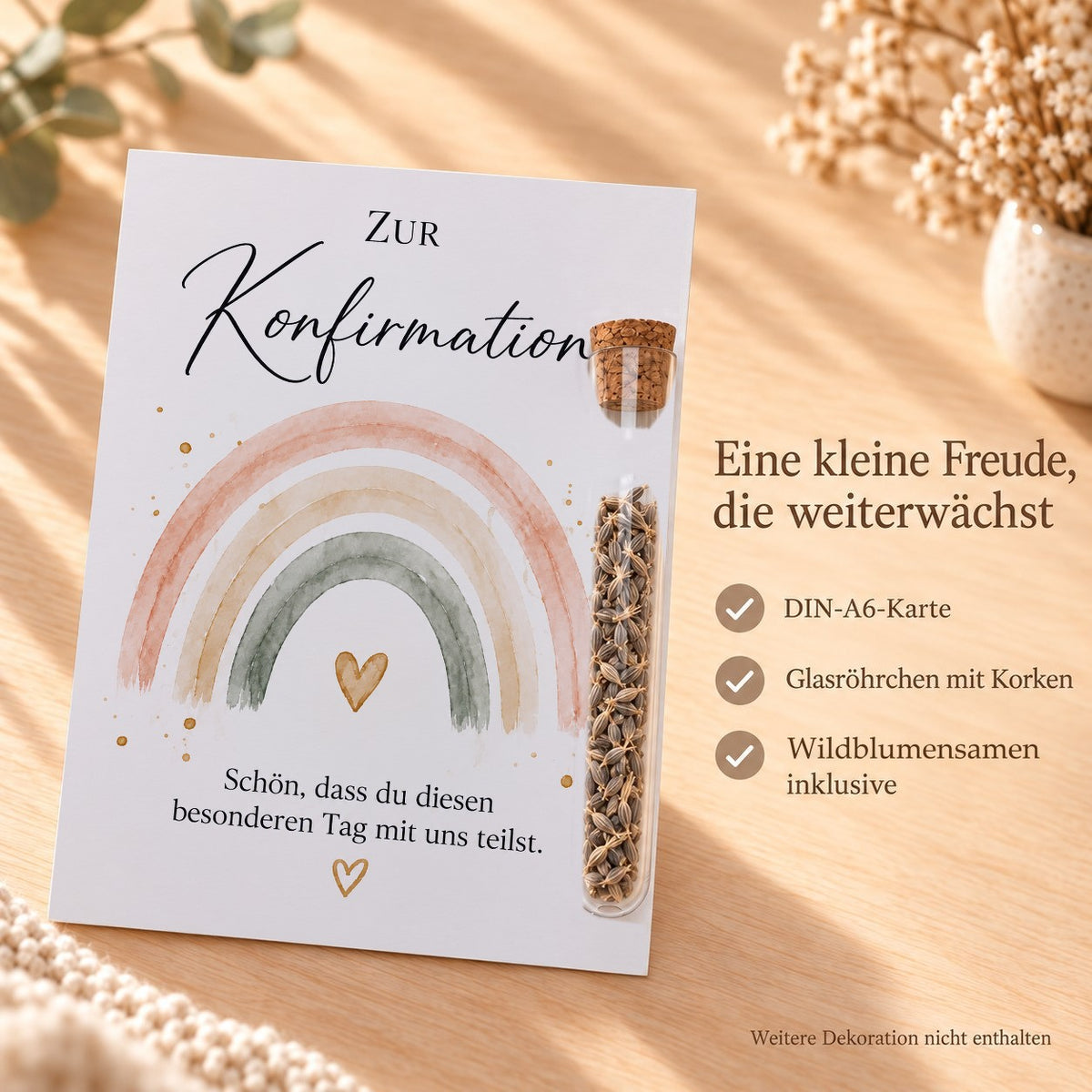 Lieferumfang: DIN-A6-Karte, Röhrchen aus Kunststoff mit Korken und Wildblumensamen