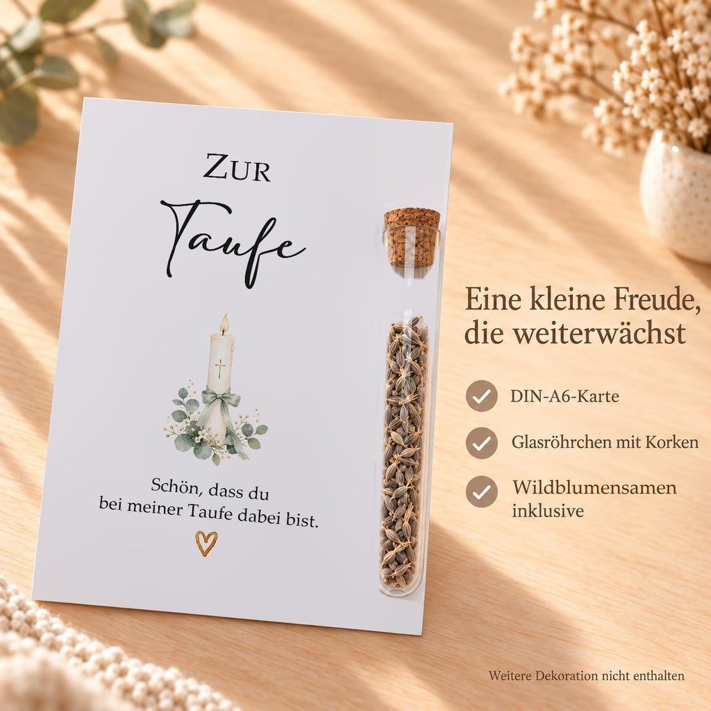 Lieferumfang: DIN-A6-Karte, Röhrchen aus Kunststoff mit Korken und Wildblumensamen