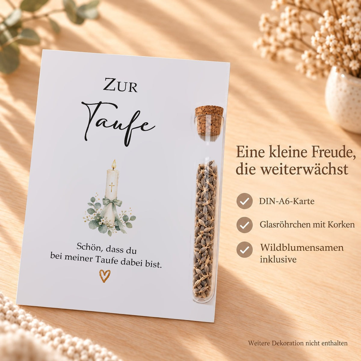 Lieferumfang: DIN-A6-Karte, Röhrchen aus Kunststoff mit Korken und Wildblumensamen