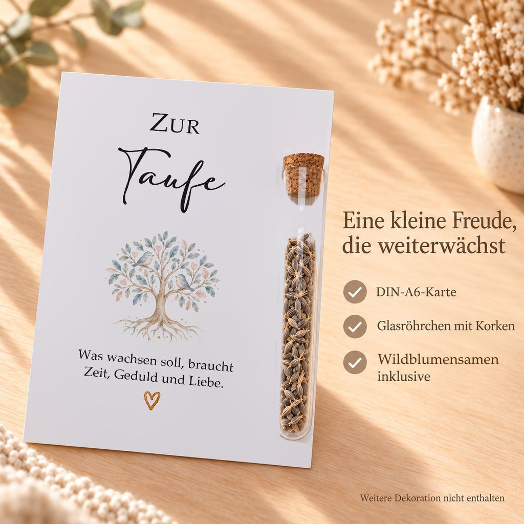 Lieferumfang: DIN-A6-Karte, Röhrchen aus Kunststoff mit Korken und Wildblumensamen