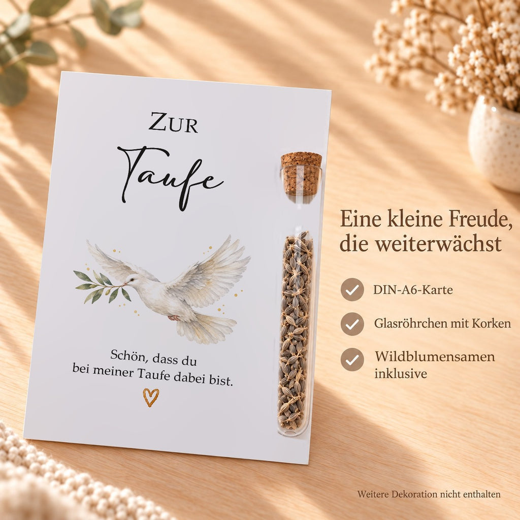 Lieferumfang: DIN-A6-Karte, Röhrchen aus Kunststoff mit Korken und Wildblumensamen